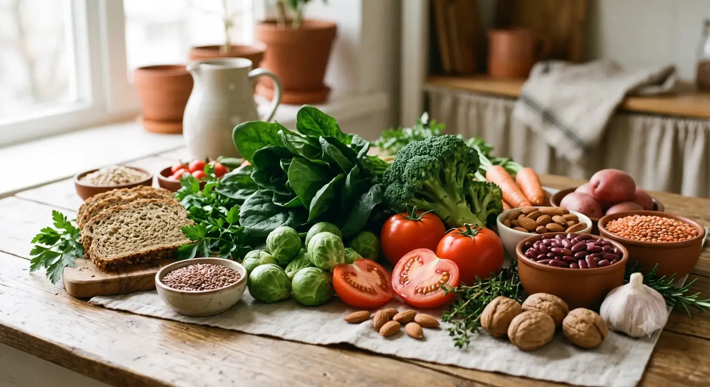 Alpha lipoic acid food sources including spinach, broccoli, tomatoes and pulses on a kitchen table