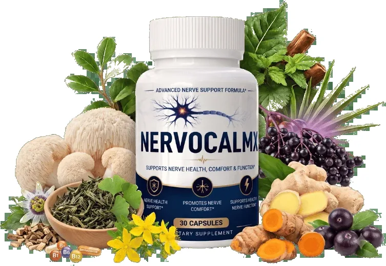 NervoCalmX nerve support capsules bottle surrounded by its botanical ingredients