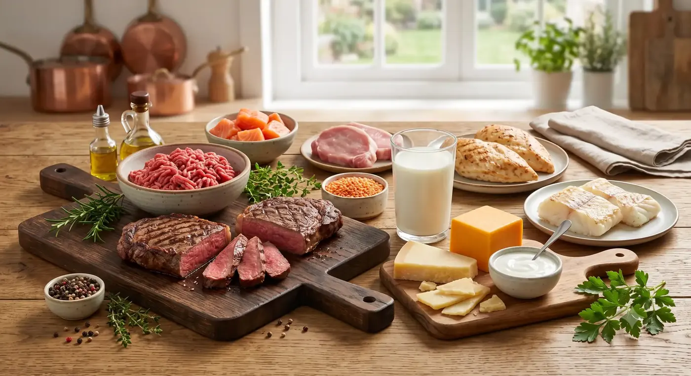 L-carnitine food sources including red meat, dairy and avocado arranged on a board
