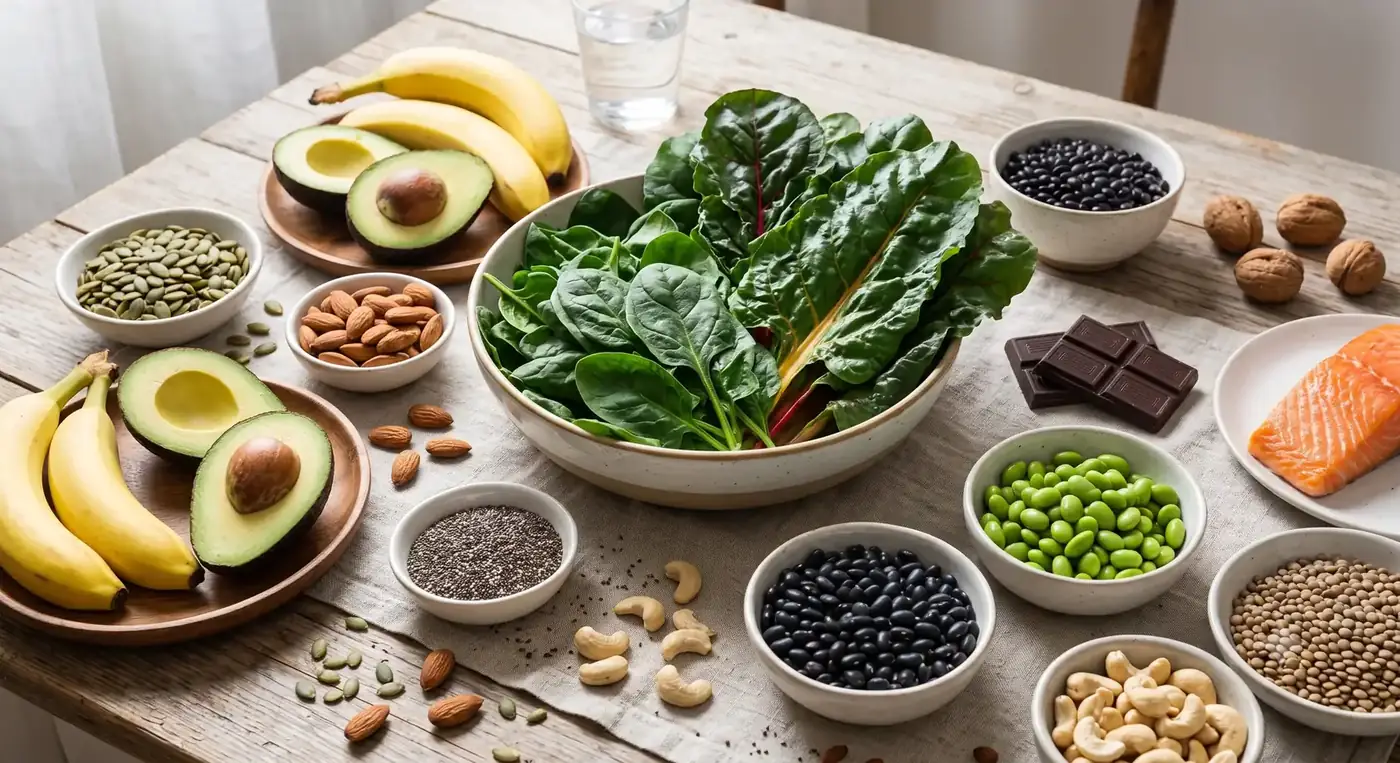 Magnesium-rich foods including pumpkin seeds, almonds, dark chocolate and leafy greens